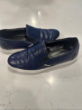 Jimmy Choo Navy Textured Leather Slip-On Loafers